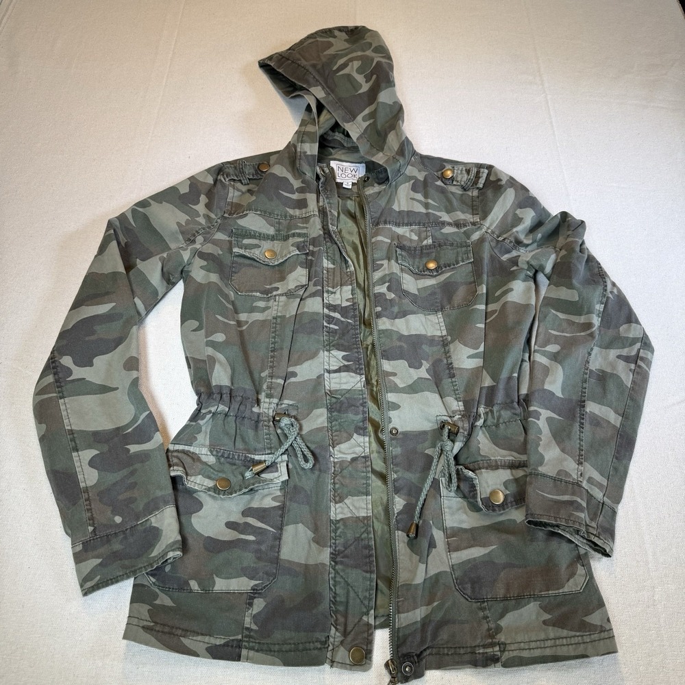 New Look Camouflage Hooded Fitted Jacket Womens Utility Military Cargo Outdoor